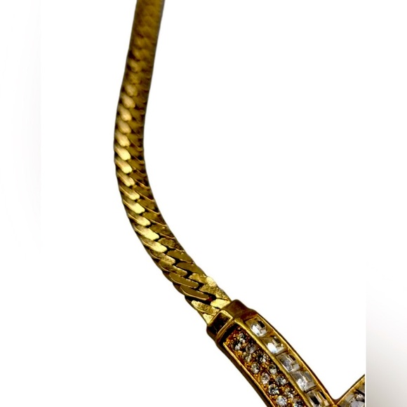 Christian Dior Crystal Necklace V Choker 17" Thick Herringbone Chain Gold 1998! - Picture 6 of 8